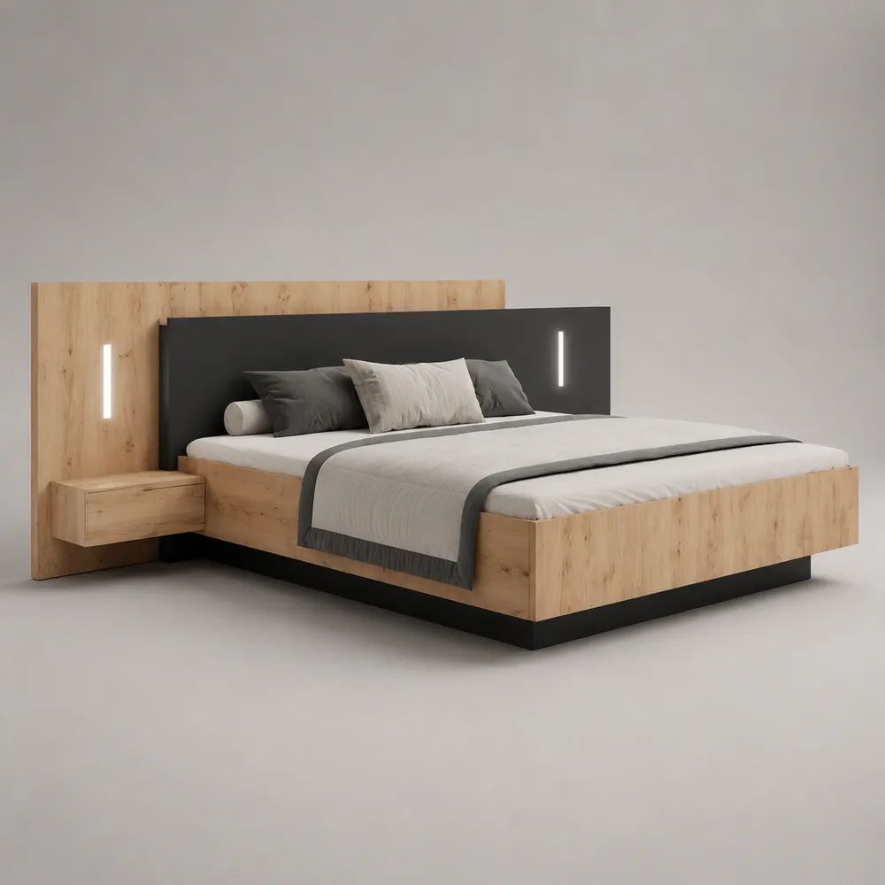 Letto matrimoniale 160 x 200 cm con testiera LED e comodino sospeso, in truciolare melaminico rovere naturale e antracite, 270 x 215 x 120 cm