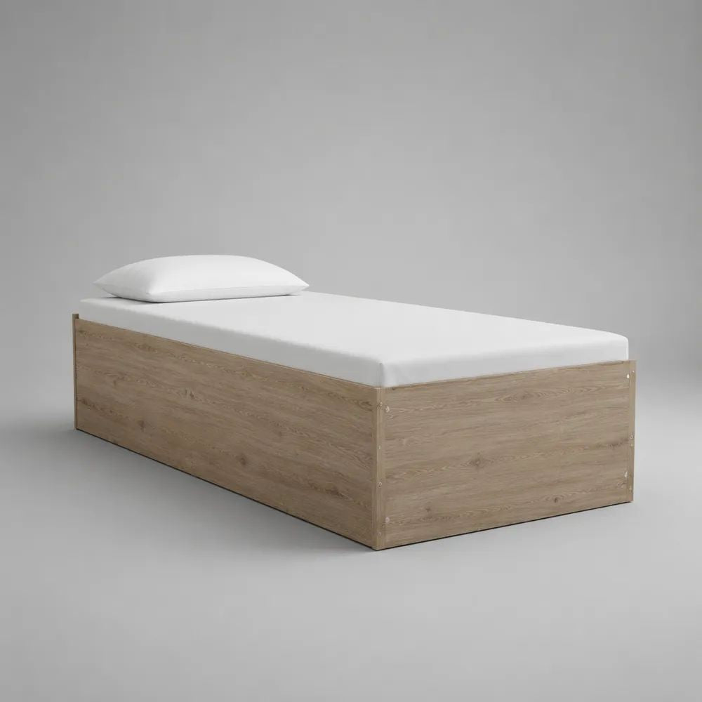 Letto singolo a piattaforma in pannello truciolare melaminico, rovere naturale, per materasso 90 x 200 cm, dimensioni 206 x 96 x 40 cm