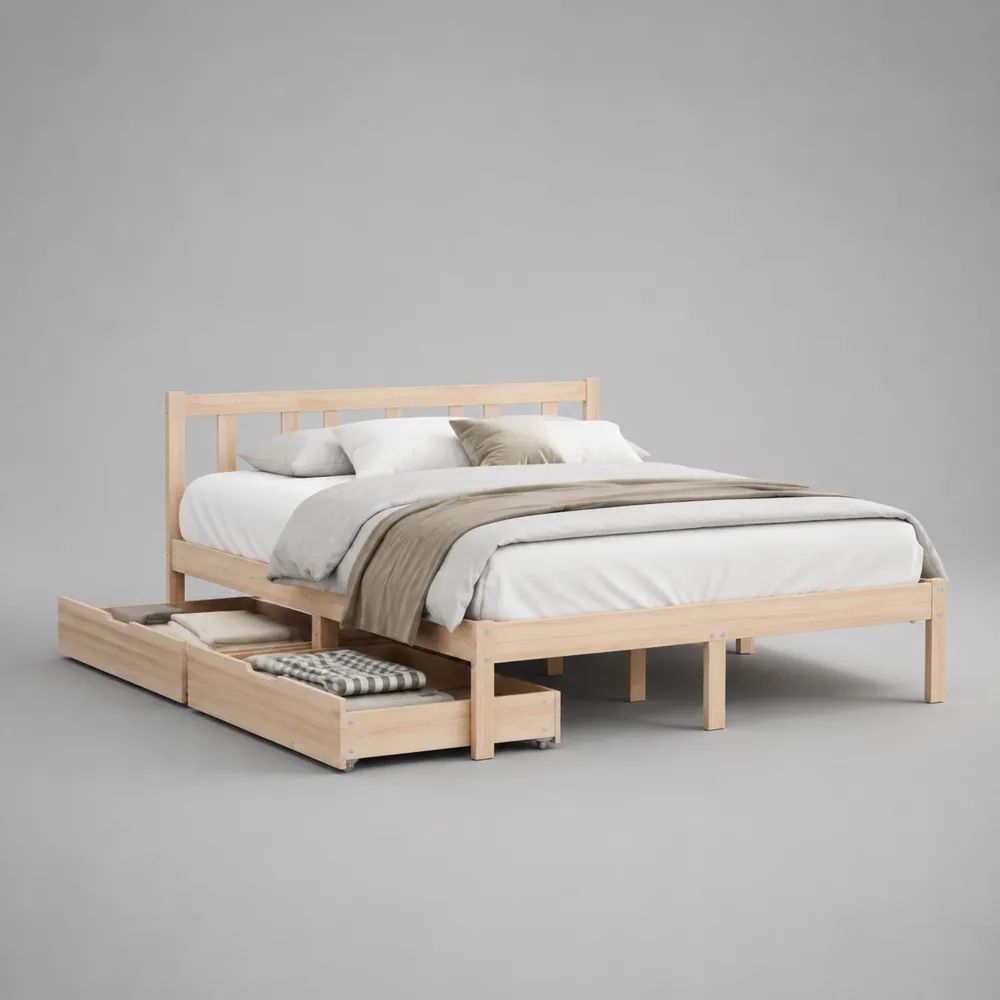 Letto matrimoniale in pino massello naturale con rete a doghe e 4 cassetti, 208 x 168 x 90 cm, materasso 160 x 200 cm