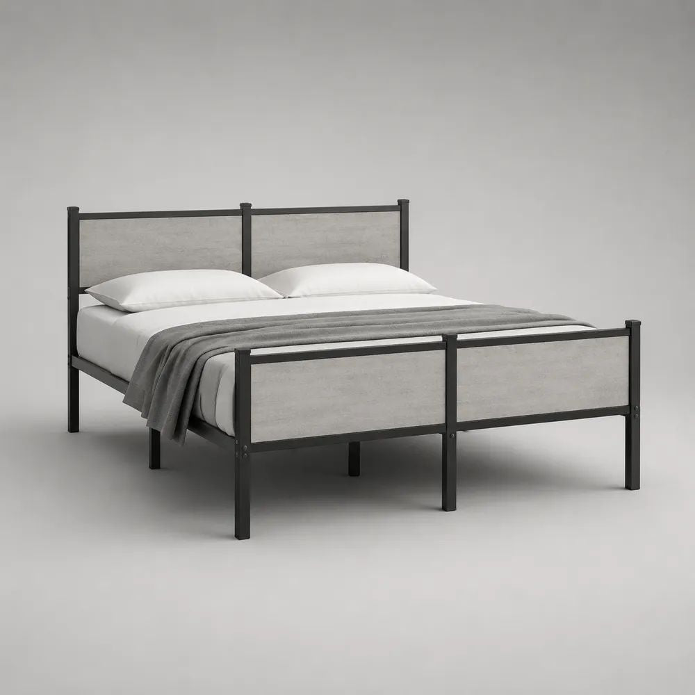 Letto matrimoniale 160 x 200 cm in acciaio nero con pannelli in MDF grigio cemento, 210 x 167 x 110 cm