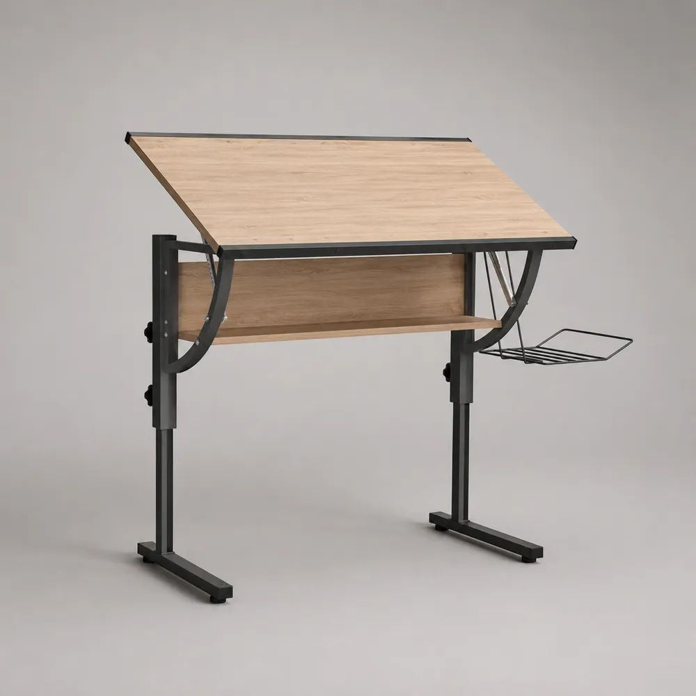 Scrivania da disegno inclinabile e regolabile in MDF e acciaio, rovere chiaro e nero, 120 x 60 x 69,5-92,5 cm