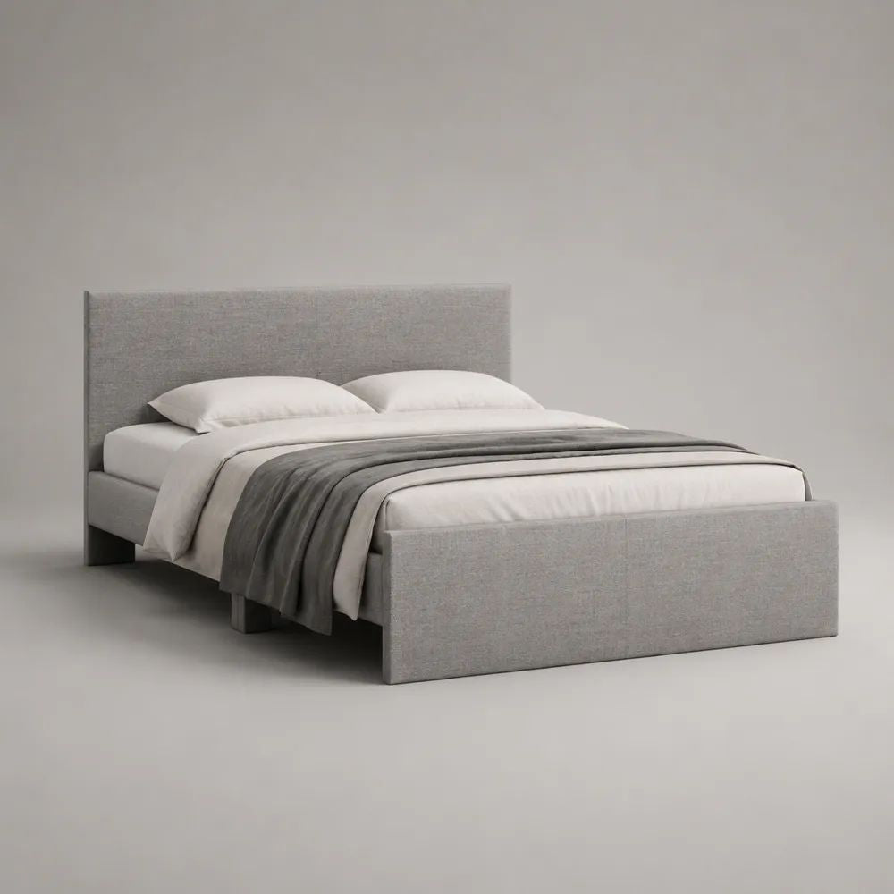 Letto matrimoniale imbottito in tessuto grigio chiaro con rete a doghe e piedini neri, 174 x 216 x 110 cm, per materasso 160 x 200 cm
