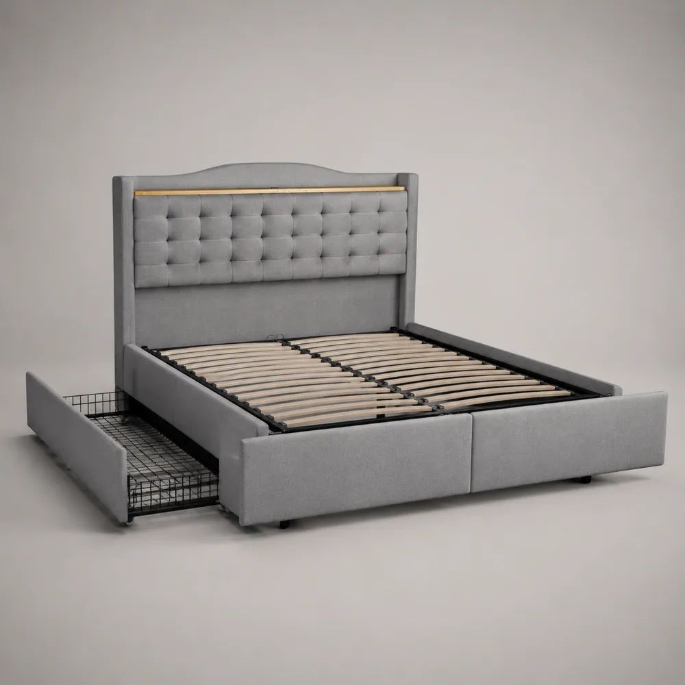 Letto matrimoniale contenitore 160 x 200 cm in tessuto grigio chiaro con testiera capitonné, cassetto laterale e rete a doghe, 170 x 215 x 120 cm
