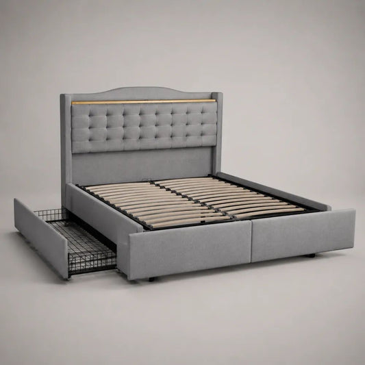 Letto matrimoniale contenitore 160 x 200 cm in tessuto grigio chiaro con testiera capitonné, cassetto laterale e rete a doghe, 170 x 215 x 120 cm