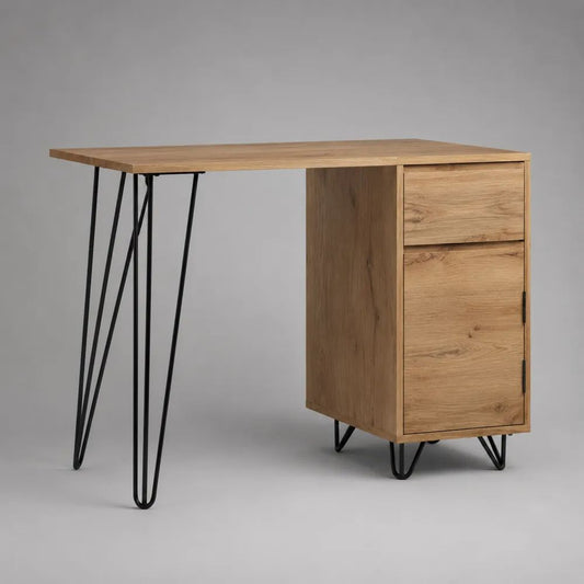 Scrivania rettangolare in legno e acciaio con cassetto e armadietto, rovere naturale e nero, 120 x 60 x 75 cm