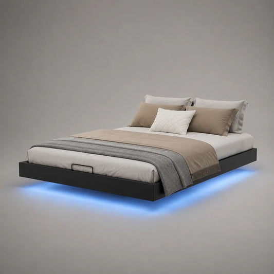 Letto matrimoniale contenitore 160 x 200 cm in MDF nero con rete sollevabile e illuminazione LED blu, 210 x 170 x 35 cm