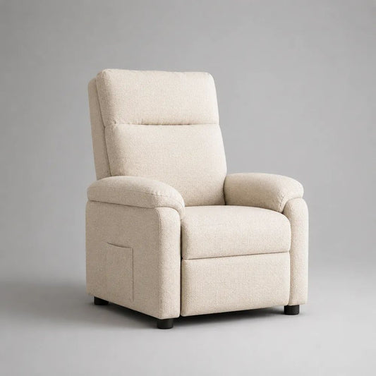Poltrona reclinabile manuale in tessuto bouclé bianco crema con poggiapiedi, 76 × 90 × 105 cm