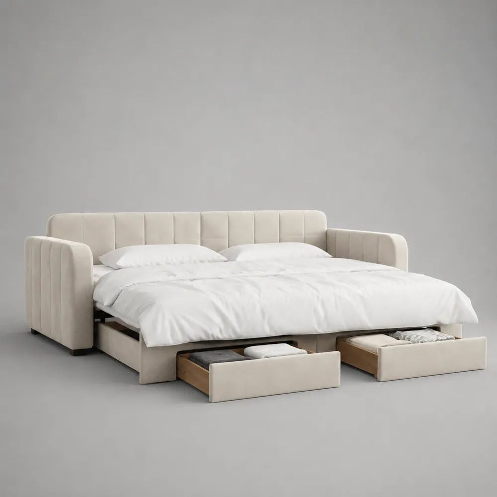 Divano letto matrimoniale in velluto crema con 2 cassetti, 220 x 95 x 85 cm, superficie letto 160 x 200 cm