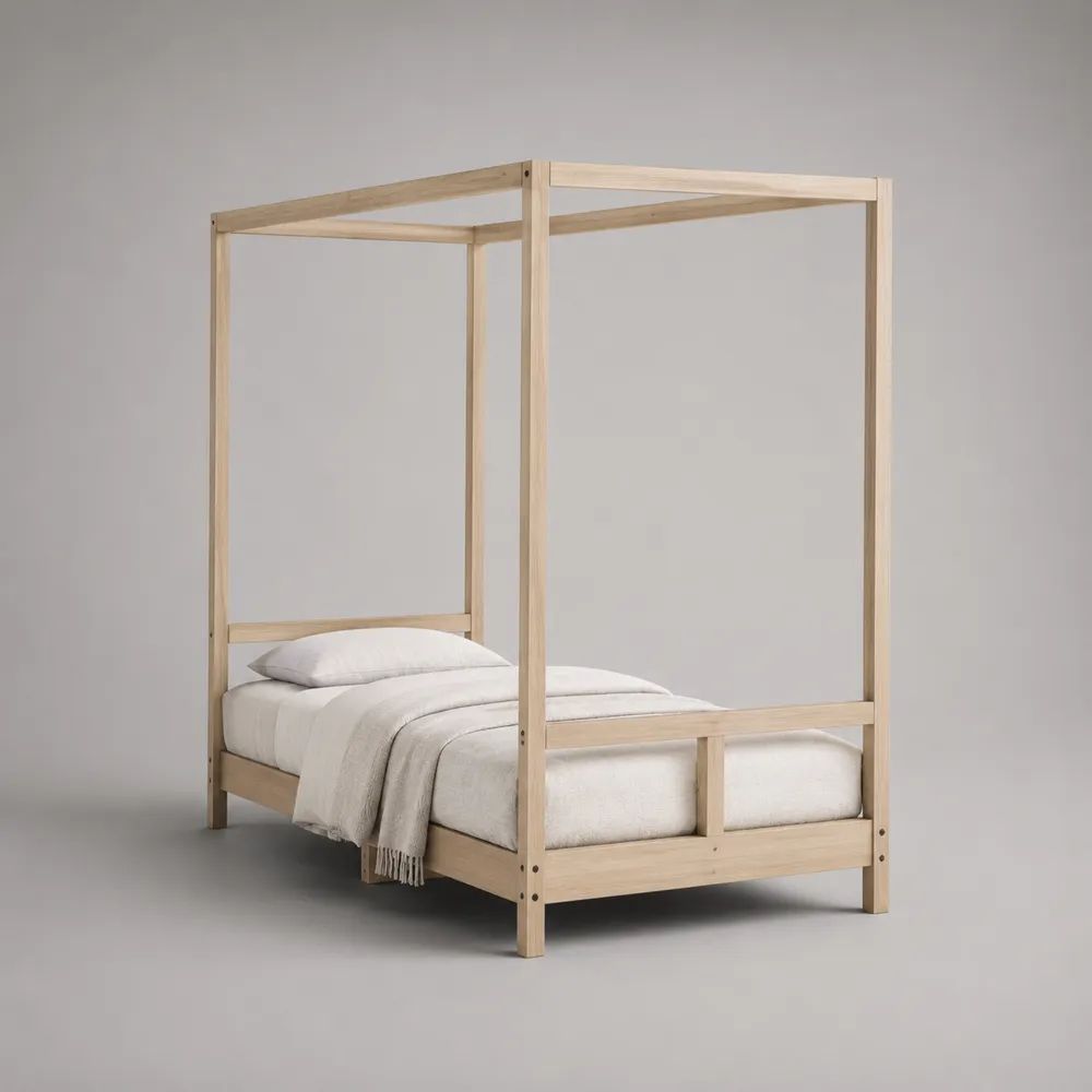 Letto a baldacchino rettangolare in legno naturale per materasso 140 x 200 cm, dimensioni 148 x 208 x 200 cm