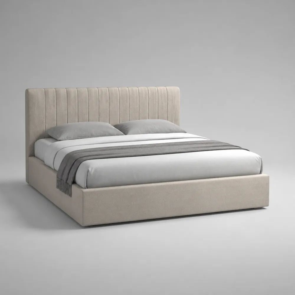 Letto matrimoniale contenitore 160 × 200 cm in velluto beige con testiera imbottita