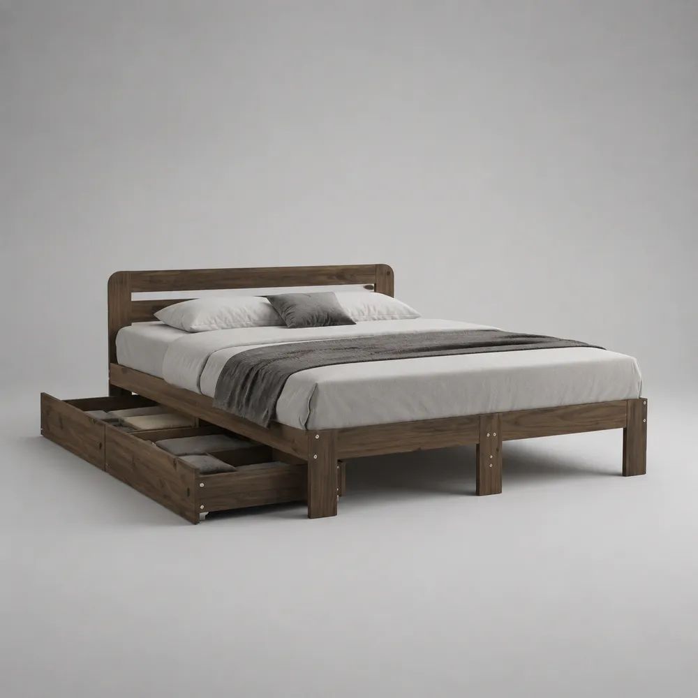 Letto matrimoniale in pino massello marrone con rete a doghe e 2 cassetti, 168 x 209 x 100 cm, materasso 160 x 200 cm