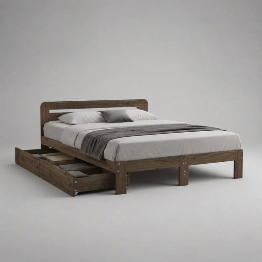 Letto matrimoniale in pino massello marrone con rete a doghe e 2 cassetti, 168 x 209 x 100 cm, materasso 160 x 200 cm