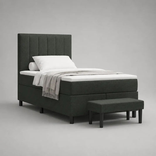 Set letto singolo imbottito in tessuto grigio antracite con materasso 90 × 200 cm e panca 90 × 35 × 40 cm