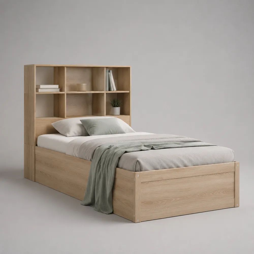 Letto matrimoniale contenitore in legno rovere chiaro con testiera libreria, 168 x 220 x 160 cm, per materasso 160 x 200 cm