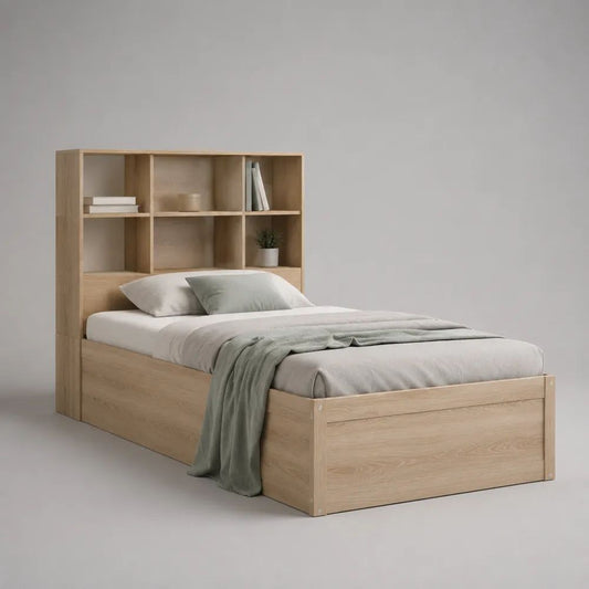 Letto matrimoniale contenitore in legno rovere chiaro con testiera libreria, 168 x 220 x 160 cm, per materasso 160 x 200 cm