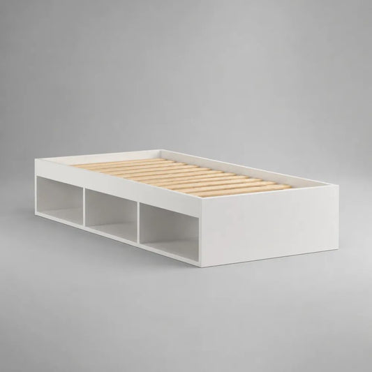 Letto singolo contenitore in MDF bianco con doghe in pino e 3 vani, materasso 90 x 200 cm, dimensioni 205 x 96 x 50 cm
