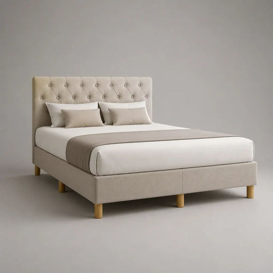 Letto matrimoniale imbottito in tessuto beige con testiera capitonné, 170 x 215 x 110 cm, per materasso 160 x 200 cm