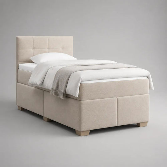 Letto singolo box spring in poliestere beige con testiera trapuntata e materasso 90 x 200 cm, dimensioni complessive 100 x 210 x 120 cm
