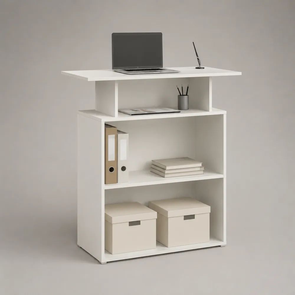 Scrivania alta rettangolare con libreria integrata in legno bianco, 100 x 50 x 120 cm