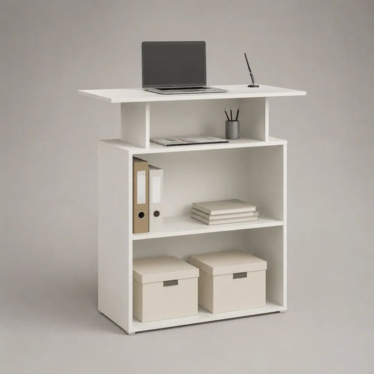 Scrivania alta rettangolare con libreria integrata in legno bianco, 100 x 50 x 120 cm