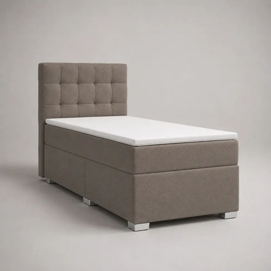 Letto singolo boxspring 90 x 200 cm in poliestere tortora con testiera trapuntata, materasso e topper