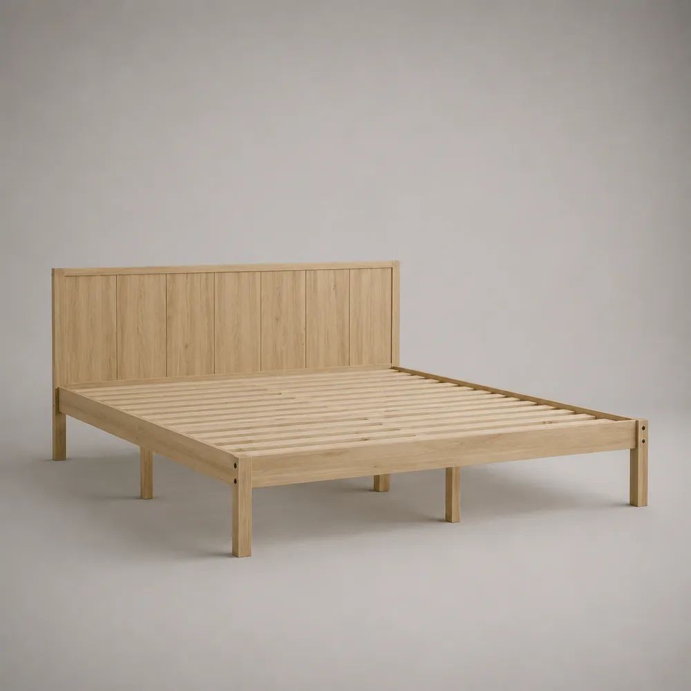 Letto matrimoniale in legno naturale con testiera e rete a doghe, per materasso 160 × 200 cm, 168 × 208 × 100 cm