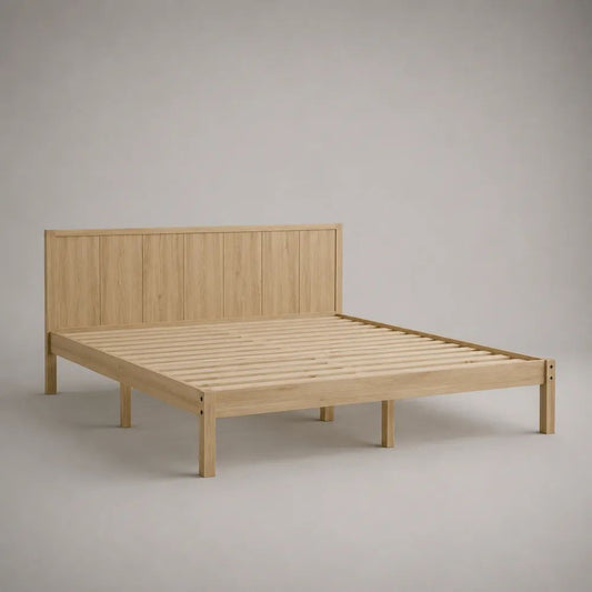 Letto matrimoniale in legno naturale con testiera e rete a doghe, per materasso 160 × 200 cm, 168 × 208 × 100 cm