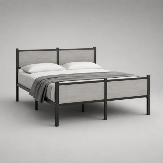 Letto matrimoniale 160 x 200 cm in acciaio nero con pannelli in MDF grigio cemento, 210 x 167 x 110 cm