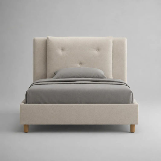Letto singolo imbottito beige 90 x 200 cm, dimensioni 215 x 120 x 120 cm, testiera trapuntata con bottoni