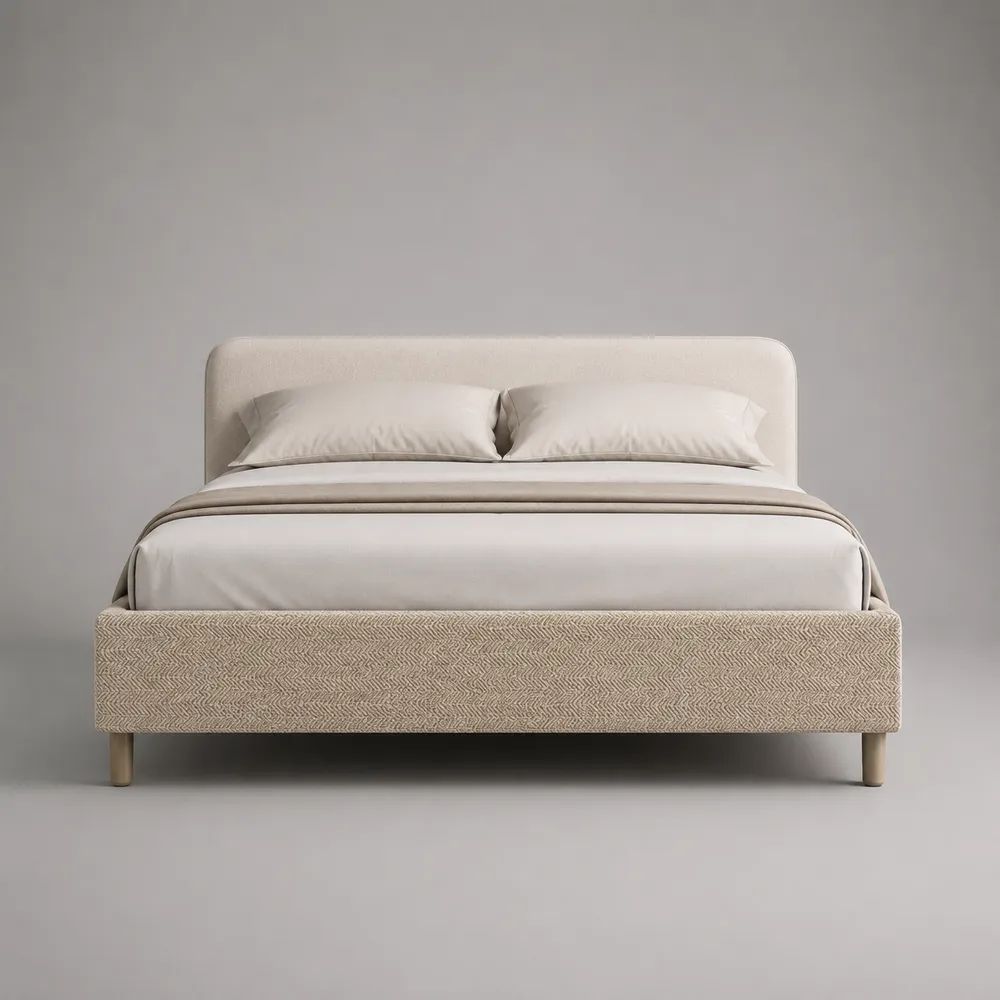 Letto matrimoniale imbottito 160 x 200 cm in poliestere e legno massello, avorio e beige