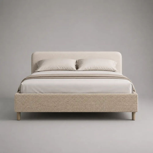 Letto matrimoniale imbottito 160 x 200 cm in poliestere e legno massello, avorio e beige