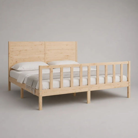 Letto matrimoniale 208 x 188 cm in legno massello, rete 180 x 200 cm, finitura naturale, con testiera e pediera a listelli