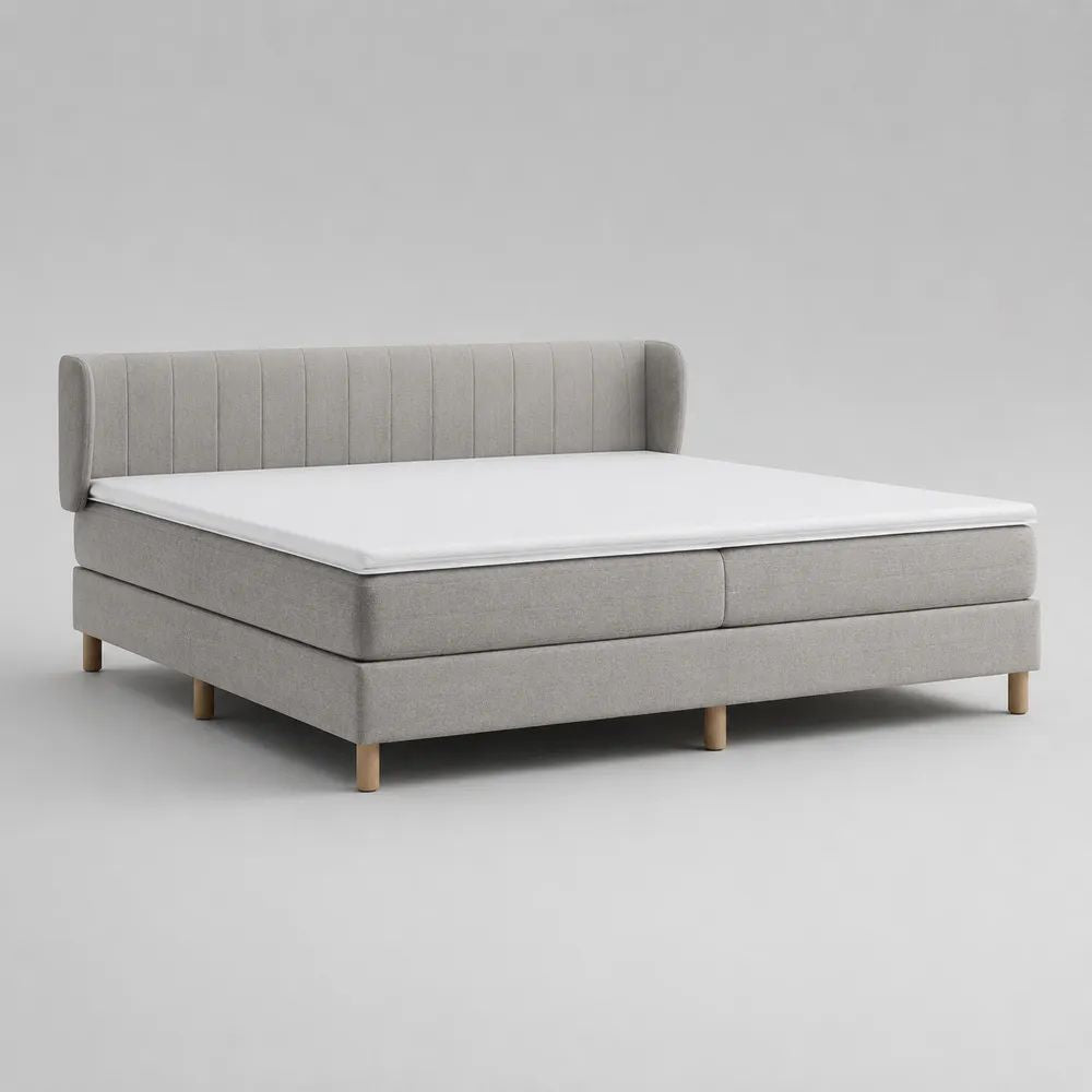 Letto continentale matrimoniale imbottito in poliestere grigio chiaro 180 x 200 cm con testiera, materassi e topper