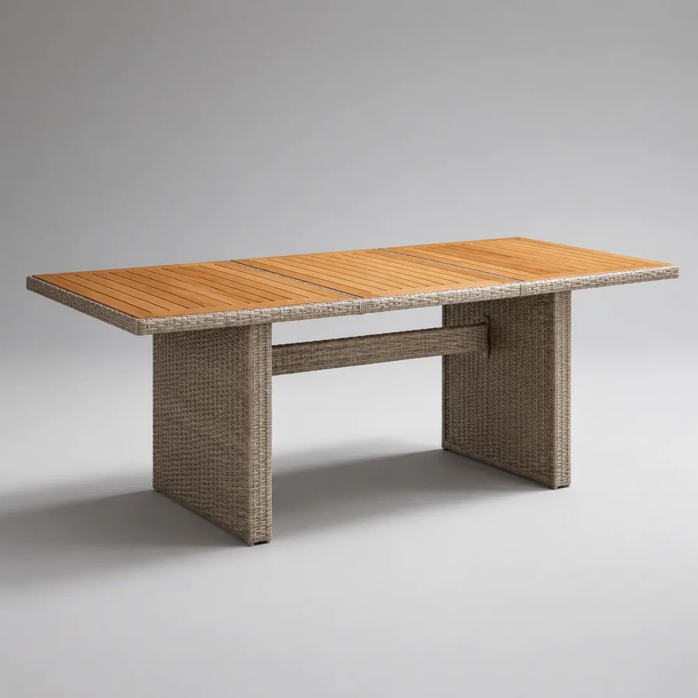 Tavolo rettangolare da esterno in legno massello di acacia e polyrattan PE beige, 200 x 100 x 74 cm