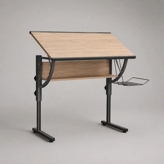 Scrivania da disegno inclinabile e regolabile in MDF e acciaio, rovere chiaro e nero, 120 x 60 x 69,5-92,5 cm