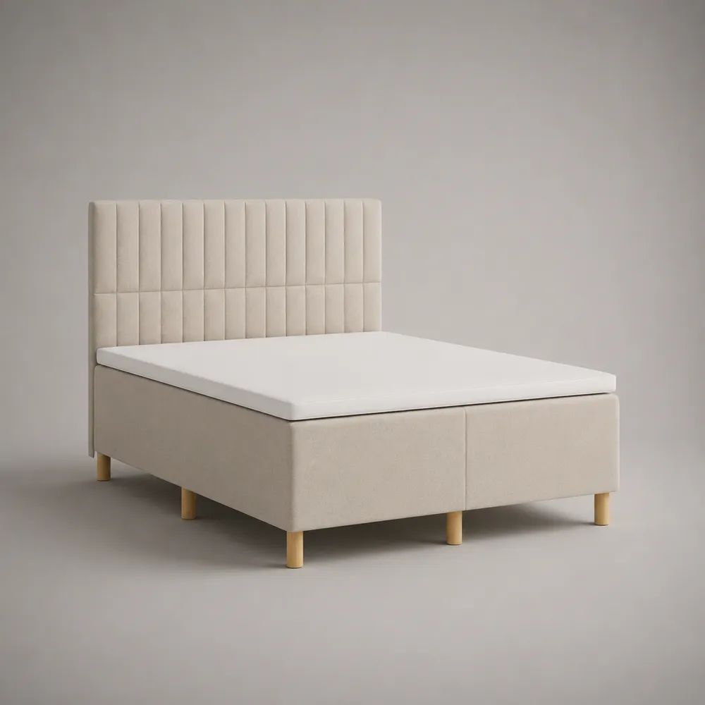 Letto matrimoniale box 160 x 200 cm con materasso e testiera imbottita, rivestimento beige e piedini color legno naturale, 160 x 208 x 120 cm