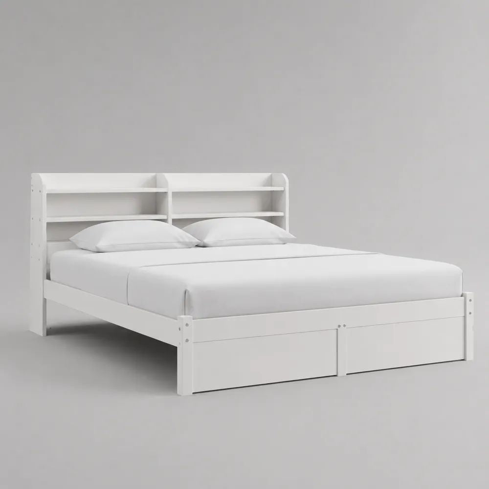 Letto matrimoniale in legno bianco con testiera libreria, rete a doghe e 2 cassetti, per materasso 160 x 200 cm, 218 x 168 x 120 cm