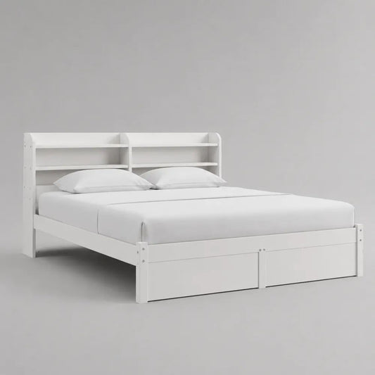 Letto matrimoniale in legno bianco con testiera libreria, rete a doghe e 2 cassetti, per materasso 160 x 200 cm, 218 x 168 x 120 cm