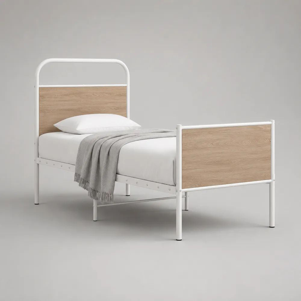 Letto singolo 90 x 200 cm in metallo bianco e legno effetto rovere naturale, 207 x 97 x 120 cm