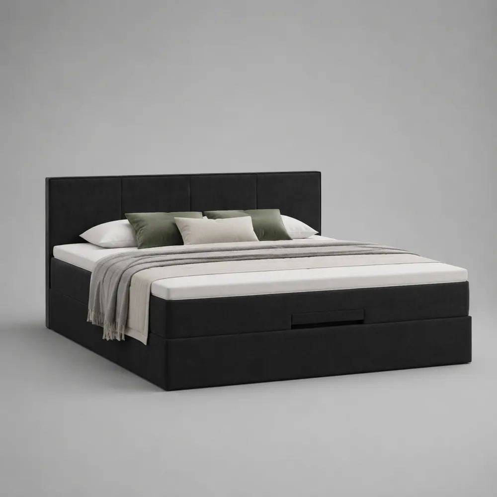 Letto matrimoniale contenitore 180 x 200 cm in pelle sintetica nera con testiera imbottita e cassetto frontale