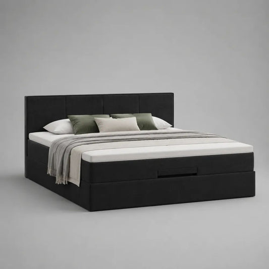 Letto matrimoniale contenitore 180 x 200 cm in pelle sintetica nera con testiera imbottita e cassetto frontale