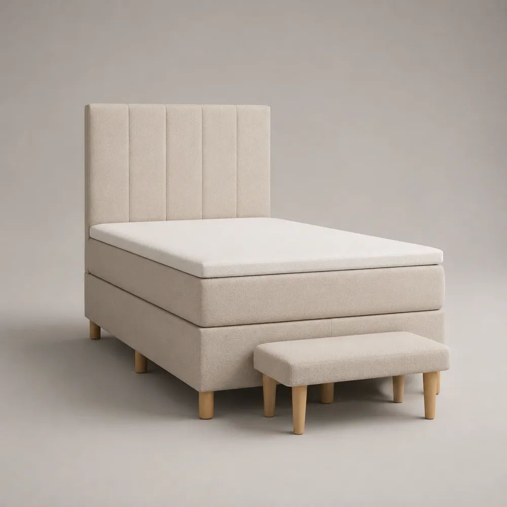 Composizione letto continentale imbottito beige 120 x 200 cm con materasso, sovramaterasso, testiera verticale e panca 90 x 35 x 40 cm
