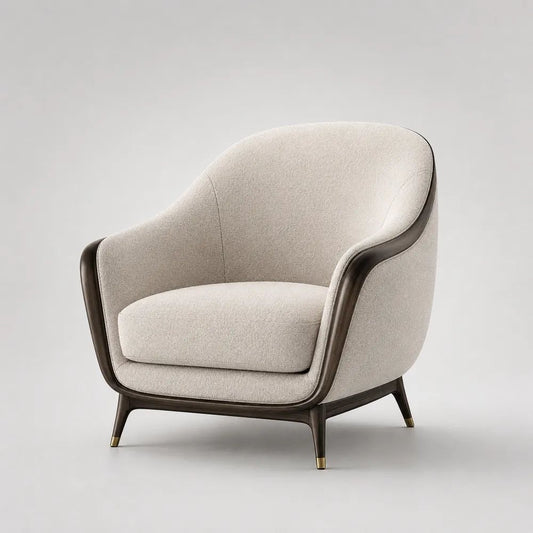 Poltrona da salotto in tessuto bouclé avorio e legno marrone scuro, 83 x 82 x 88 cm